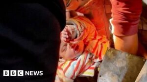 Moment baby pulled alive from rubble after air strike on Gaza