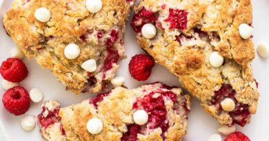 Raspberry and white chocolate scones on a plate.