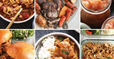 Healthy collage of pictures featuring slow cooker recipes with meat, rice, and vegetables.