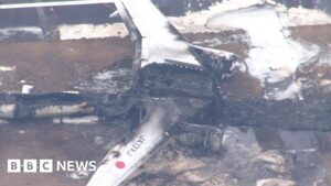 Aerial footage shows burned out shell of Japan plane