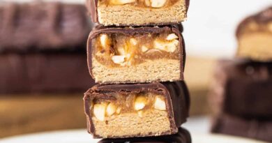 Peanut butter bars stacked on top of each other.