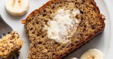 A slice of banana bread on a plate with a fork.