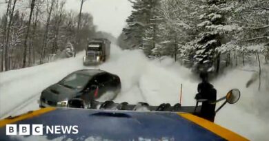 Video shows car crash into snowplough on icy road