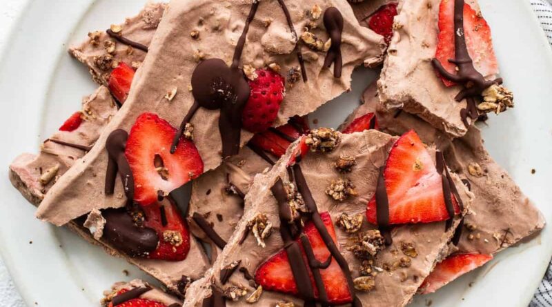 Chocolate strawberry frozen yogurt bark.