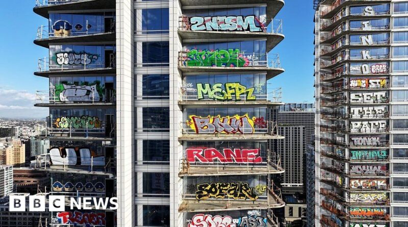 Drone video shows graffiti on luxury high-rise in LA