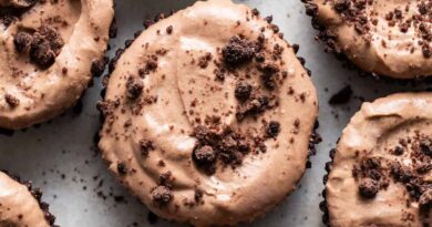 Chocolate cupcakes with chocolate frosting and chocolate chips.