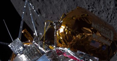 Moon lander tipped sideways on lunar surface but 'alive and well'