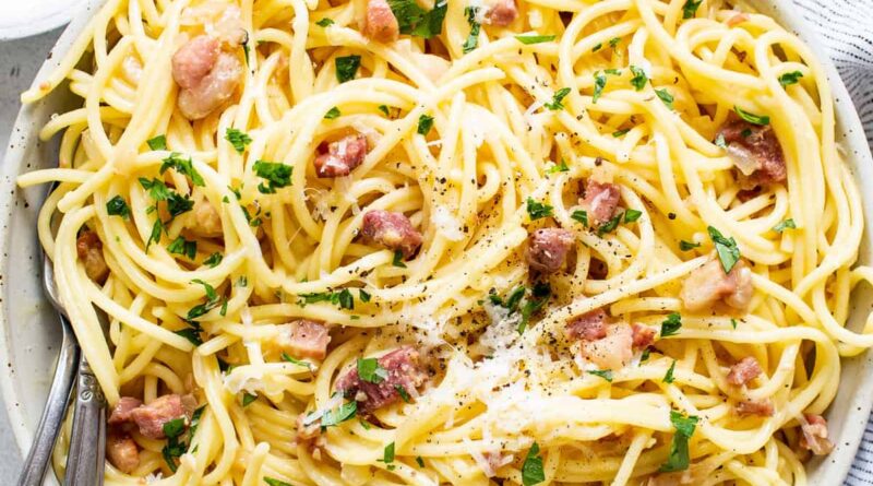 A bowl of spaghetti with bacon and parmesan.