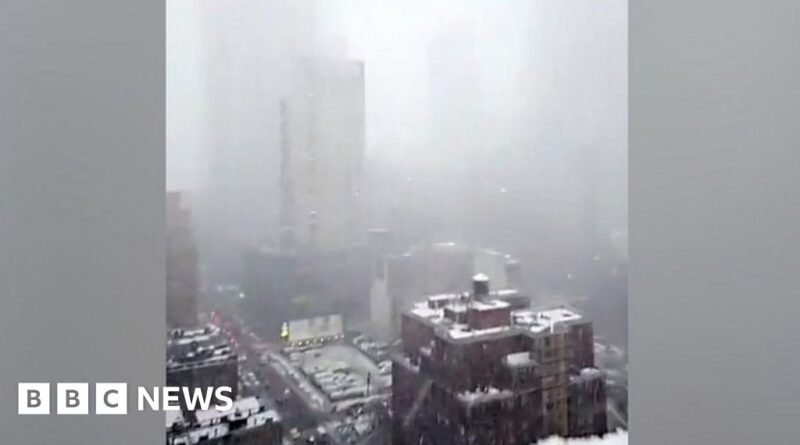 World famous New York skyline obscured by snow