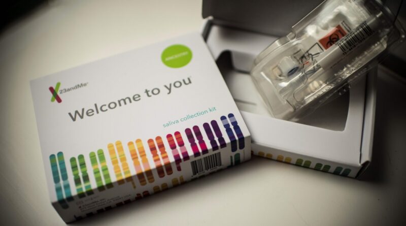 This illustration picture shows a saliva collection kit for DNA testing displayed in Washington DC