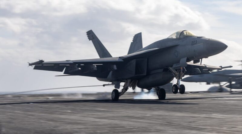 A US Navy aircraft carrier in the Red Sea fight just lost a third Super Hornet. The $60 million jet went overboard on landing.