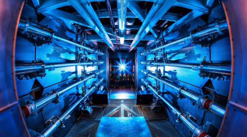 A light shines on laser preamplifiers at the National Ignition Facility.