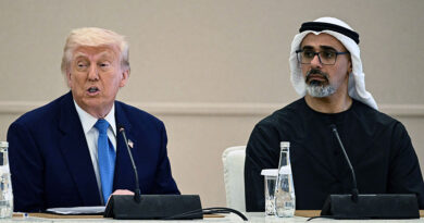 US President Donald Trump (L) speaks as he sits next to Abu Dhabi's Crown Prince Sheikh Khaled bin Mohamed bin Zayed Al Nahyan during the business dialogue forum in Abu Dhabi on May 16, 2025. The United Arab Emirates is the third leg of Trump's visit to the region, which has already taken him to Saudi Arabia and Qatar. (Photo by Brendan SMIALOWSKI / AFP) (Photo by BRENDAN SMIALOWSKI/AFP via Getty Images)