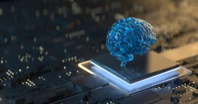 abstract blue brain hovering over silicon chip