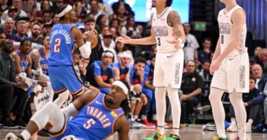 Julian Strawther (3) of the Denver Nuggets reacts to being called for fouling Luguentz Dort (5) of the Oklahoma City Thunder