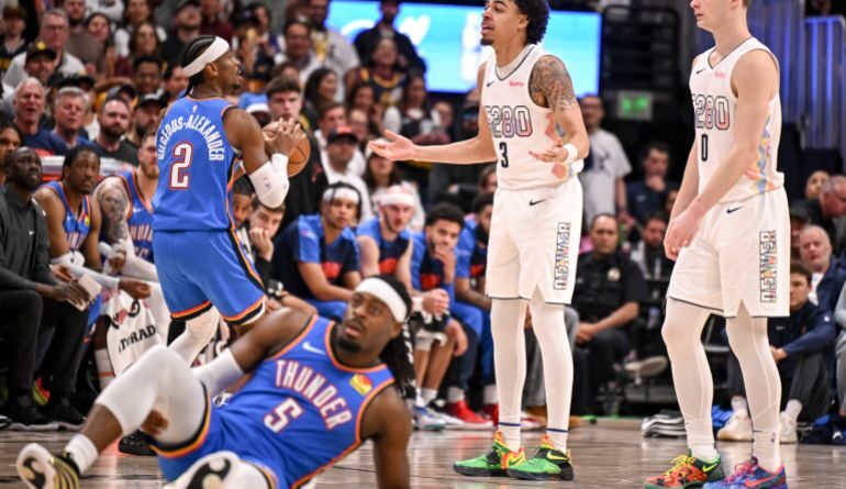 Julian Strawther (3) of the Denver Nuggets reacts to being called for fouling Luguentz Dort (5) of the Oklahoma City Thunder