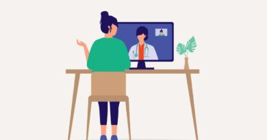 Illustration; Back View Of A Young Woman Sitting On Desktop With Computer Making Video Call With Her Doctor While Staying At Home.