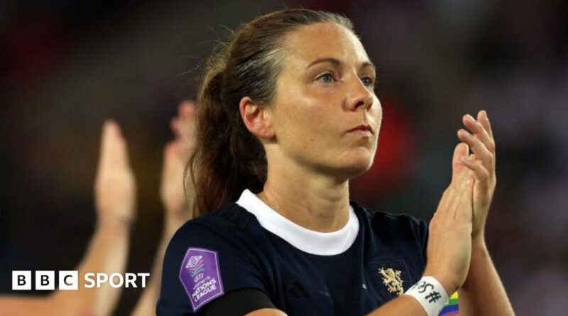 Scotland captain Rachel Corsie is seen at full time during the UEFA Women's Nations League match between England and Scotland at Stadium of Light