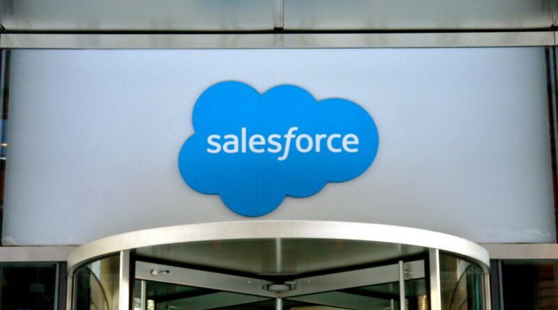 Close-up view of the logo at the entrance to the Salesforce office located at 111 West Illinois Street in Chicago, Illinois, January 2019.
