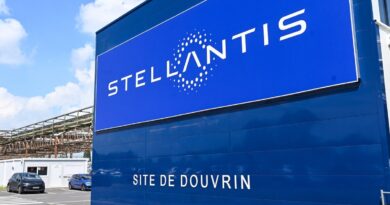 sign at the entrance of the plant of Dutch multinational automotive manufacturing company Stellantis