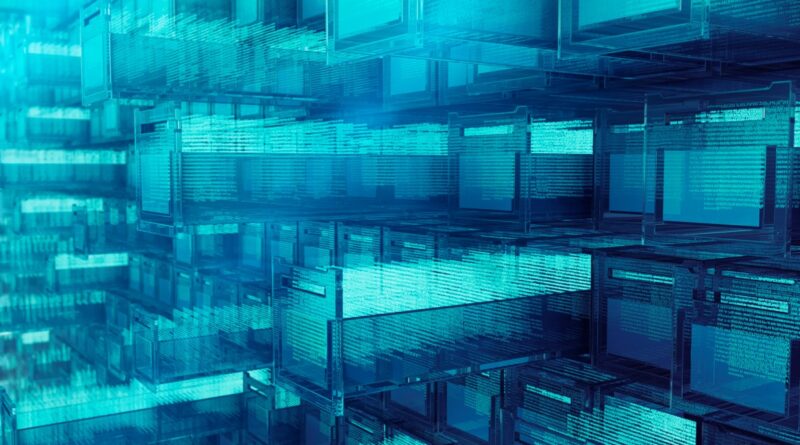 Digital holographic blue transparent drawer with data inside.