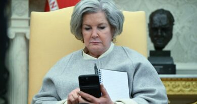 White House chief of staff Susie Wiles looks at her phone as US President Donald Trump speaks in the Oval Office of the White House
