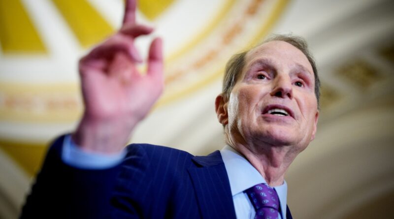 Sen. Ron Wyden speaks to reporters following a weekly Democratic policy luncheon at the U.S. Capitol on April 8, 2025 in Washington, DC.