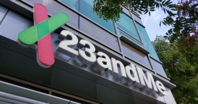 Sign with logo on facade of personal genomics company 23andMe in Mountain View, California, October 28, 2018. (Photo by Smith Collection/Gado/Getty Images)