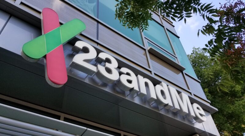 Sign with logo on facade of personal genomics company 23andMe in Mountain View, California, October 28, 2018. (Photo by Smith Collection/Gado/Getty Images)