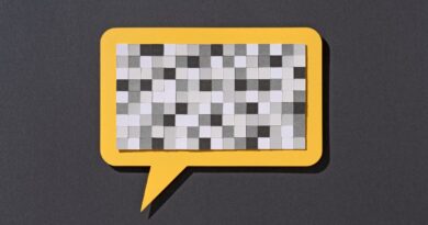 Paper Craft Pixel Mosaic Covering a Yellow Speech Bubble on Gray Background Front View, Censorship Concept.
