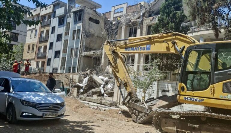Heavily damaged building from an Israeli strike targeting the Narmak district in eastern Tehran.