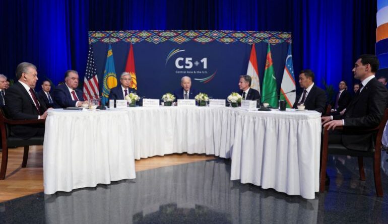 U.S. President Joe Biden hosts a C5+1 summit meeting with the presidents of Kazakhstan, the Kyrgyz Republic, Tajikistan, Turkmenistan, and Uzbekistan, at the U.S. Mission to the United Nations on the sidelines of the 78th Session of the U.N. General Assembly in New York City, New York, U.S., September 19, 2023. REUTERS/Kevin Lamarque