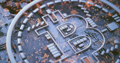 Bitcoin logo on circuit board, illustration
