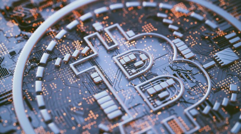 Bitcoin logo on circuit board, illustration