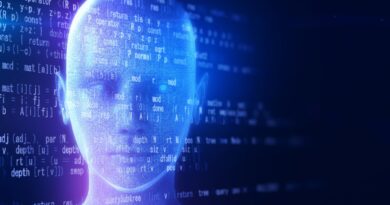 Holographic human type AI robot and programming data on a black background.