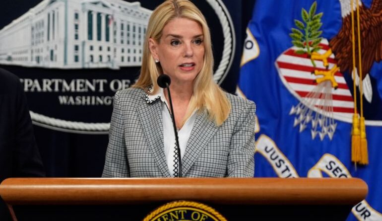 Attorney General Pam Bondi speaks during a news conference about Kilmar Abrego Garcia at the Justice Department, Friday June 6, 2025, in Washington. (AP Photo/Julia Demaree Nikhinson)