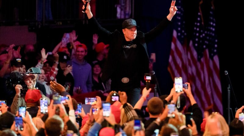 Elon Musk, chief executive officer of Tesla Inc., arrives for a campaign event with former US President Donald Trump, not pictured, at Madison Square Garden.