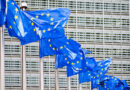 European Union flags flutter in the wind