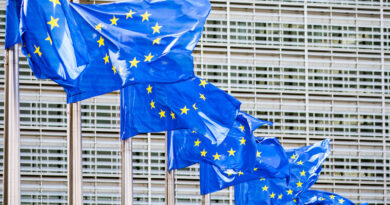 European Union flags flutter in the wind