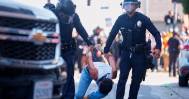 Two officers carry off a handcuffed protester on the streets of Los Angeles