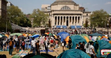 Student protesters gather inside their encampment on the Columbia University campus, on April 29, 2024