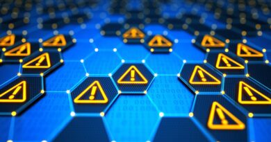Futuristic digital technological background with hexagonal elements, yellow glowing warning signs and binary code. Encryption your data. Big data security. Safe your data. Cyber internet security and privacy concept.
