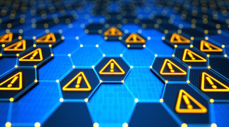 Futuristic digital technological background with hexagonal elements, yellow glowing warning signs and binary code. Encryption your data. Big data security. Safe your data. Cyber internet security and privacy concept.