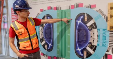 Alex Creely, director of Tokamak operations at Commonwealth Fusion Systems, points to a reactor schematic.