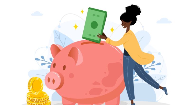 Piggy bank. Happy african woman puts green banknotes in money box. Save money concept. Investments in future. Financial symbol. Banking or business services. Vector illustration in flat cartoon style.