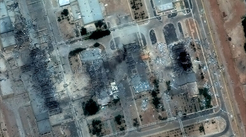ISFAHAN NUCLEAR TECHNOLOGY CENTER, IRAN -- JUNE 22, 2025: 06 Maxar satellite imagery provides a second close-up view of the Isfahan nuclear facility showing severe damage after the airstrikes. Multiple buildings are visibly damaged or destroyed.