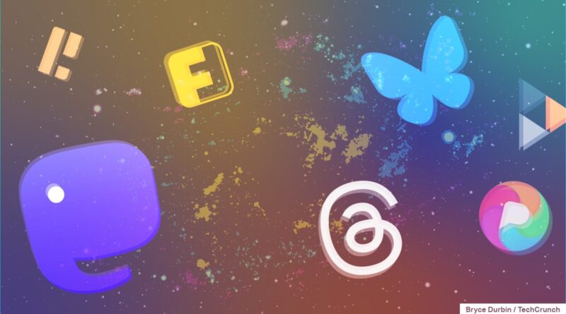 Composite of fediverse logos of Mastodon, Threads, Bluesky