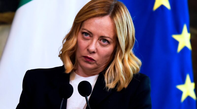 Prime Minister Giorgia Meloni makes statements to the press during the meeting with the Swedish Prime Minister at Palazzo Chigi, on February 26, 2025 in Rome, Italy.
