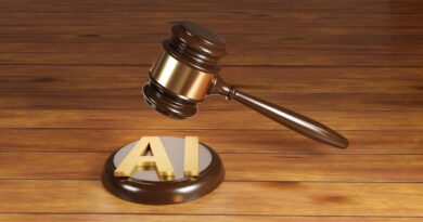 Wooden gavel with brass engraving band and golden alphabets AI on a round wood sound block. Illustration of the concept of legislation of artificial intelligence act and rules