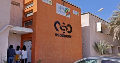 The NSO Group company logo is displayed on a wall of a building next to one of their branches in the southern Israeli Arava valley near Sapir community centre on February 8, 2022.